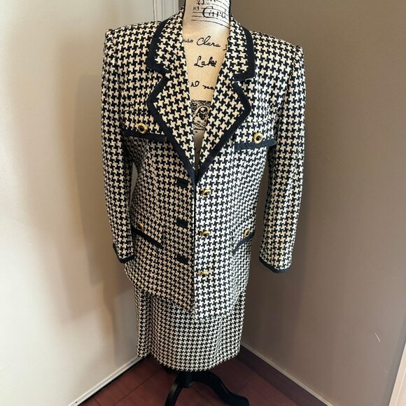 Vintage Focus 2000 by Charles Glueck houndstooth silk skirt suit